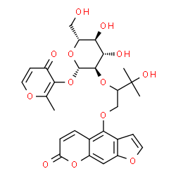 ChemSpider 2D Image | 2-Methyl-4-oxo-4H-pyran-3-yl 2-O-{3-hydroxy-3-methyl-1-[(7-oxo-7H-furo[3,2-g]chromen-4-yl)oxy]-2-butanyl}-beta-D-glucopyranoside | C28H30O13