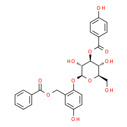 ChemSpider 2D Image | 5-Hydroxy-2-{[3-O-(4-hydroxybenzoyl)-beta-D-glucopyranosyl]oxy}benzyl benzoate | C27H26O11
