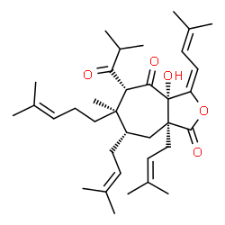 ChemSpider 2D Image | (3E,3aS,5R,6R,7S,8aS)-3a-Hydroxy-5-isobutyryl-6-methyl-7,8a-bis(3-methyl-2-buten-1-yl)-3-(3-methyl-2-buten-1-ylidene)-6-(4-methyl-3-penten-1-yl)hexahydro-1H-cyclohepta[c]furan-1,4(3H)-dione | C35H52O5