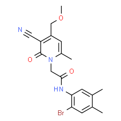 ChemSpider 2D Image | N-(2-Bromo-4,5-dimethylphenyl)-3-cyano-4-(methoxymethyl)-6-methyl-2-oxo-1(2H)-pyridineacetamide | C19H20BrN3O3