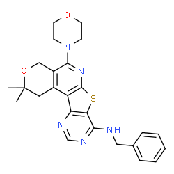 ChemSpider 2D Image | N-Benzyl-2,2-dimethyl-5-(4-morpholinyl)-1,4-dihydro-2H-pyrano[4'',3'':4',5']pyrido[3',2':4,5]thieno[3,2-d]pyrimidin-8-amine | C25H27N5O2S