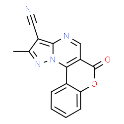 ChemSpider 2D Image | 2-Methyl-6-oxo-6H-chromeno[3,4-e]pyrazolo[1,5-a]pyrimidine-3-carbonitrile | C15H8N4O2