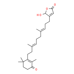 ChemSpider 2D Image | 4-[(3E,7E)-4,8-Dimethyl-10-(2,6,6-trimethyl-3-oxo-1-cyclohexen-1-yl)-3,7-decadien-1-yl]-5-hydroxy-2(5H)-furanone | C25H36O4