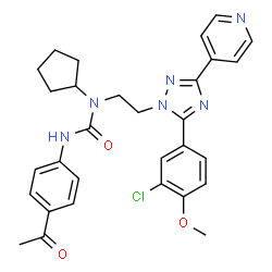 ChemSpider 2D Image | 3-(4-Acetylphenyl)-1-{2-[5-(3-chloro-4-methoxyphenyl)-3-(4-pyridinyl)-1H-1,2,4-triazol-1-yl]ethyl}-1-cyclopentylurea | C30H31ClN6O3