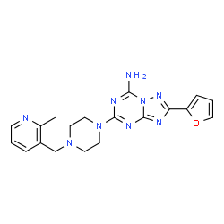 ChemSpider 2D Image | 2-(2-Furyl)-5-{4-[(2-methyl-3-pyridinyl)methyl]-1-piperazinyl}[1,2,4]triazolo[1,5-a][1,3,5]triazin-7-amine | C19H21N9O