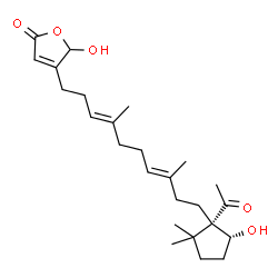 ChemSpider 2D Image | 4-{(3E,7E)-10-[(1S,5R)-1-Acetyl-5-hydroxy-2,2-dimethylcyclopentyl]-4,8-dimethyl-3,7-decadien-1-yl}-5-hydroxy-2(5H)-furanone | C25H38O5