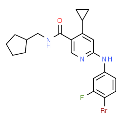 ChemSpider 2D Image | 6-[(4-Bromo-3-fluorophenyl)amino]-N-(cyclopentylmethyl)-4-cyclopropylnicotinamide | C21H23BrFN3O