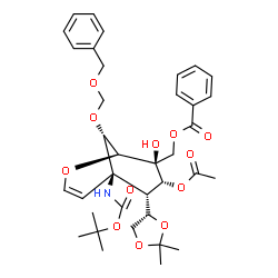 ChemSpider 2D Image | [(1S,5R,6S,7R,8S,9S)-7-Acetoxy-9-[(benzyloxy)methoxy]-6-[(4S)-2,2-dimethyl-1,3-dioxolan-4-yl]-8-hydroxy-5-({[(2-methyl-2-propanyl)oxy]carbonyl}amino)-2-oxabicyclo[3.3.1]non-3-en-8-yl]methyl benzoate | C36H45NO12