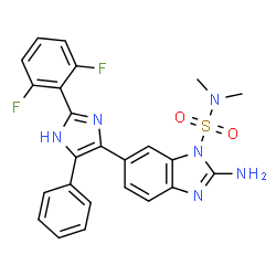 ChemSpider 2D Image | 2-Amino-6-[2-(2,6-difluorophenyl)-5-phenyl-1H-imidazol-4-yl]-N,N-dimethyl-1H-benzimidazole-1-sulfonamide | C24H20F2N6O2S