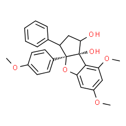 ChemSpider 2D Image | (3aR,8bS)-6,8-Dimethoxy-3a-(4-methoxyphenyl)-3-phenyl-1,2,3,3a-tetrahydro-8bH-benzo[b]cyclopenta[d]furan-1,8b-diol | C26H26O6