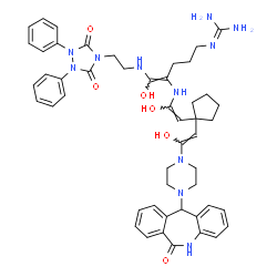 ChemSpider 2D Image | 2-[(4Z)-5-{[2-(3,5-Dioxo-1,2-diphenyl-1,2,4-triazolidin-4-yl)ethyl]amino}-5-hydroxy-4-{[(E)-1-hydroxy-2-(1-{(Z)-2-hydroxy-2-[4-(6-oxo-6,11-dihydro-5H-dibenzo[b,e]azepin-11-yl)-1-piperazinyl]vinyl}cycl
opentyl)vinyl]amino}-4-penten-1-yl]guanidine | C49H57N11O6
