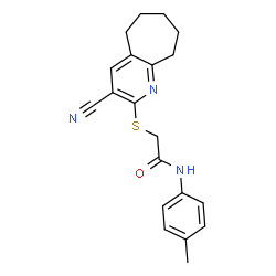 ChemSpider 2D Image | 2-[(3-Cyano-6,7,8,9-tetrahydro-5H-cyclohepta[b]pyridin-2-yl)sulfanyl]-N-(4-methylphenyl)acetamide | C20H21N3OS