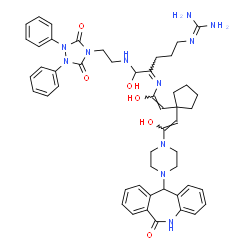 ChemSpider 2D Image | 2-[(4Z)-5-{[2-(3,5-Dioxo-1,2-diphenyl-1,2,4-triazolidin-4-yl)ethyl]amino}-5-hydroxy-4-{[(E)-1-hydroxy-2-(1-{(Z)-2-hydroxy-2-[4-(6-oxo-6,11-dihydro-5H-dibenzo[b,e]azepin-11-yl)-1-piperazinyl]vinyl}cycl
opentyl)vinyl]imino}pentyl]guanidine | C49H57N11O6