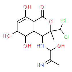 ChemSpider 2D Image | 3-(Dichloromethyl)-5,6,8-trihydroxy-4-[(1-hydroxy-2-iminopropyl)amino]-3-methyl-3,4,4a,5,6,8a-hexahydro-1H-isochromen-1-one | C14H20Cl2N2O6