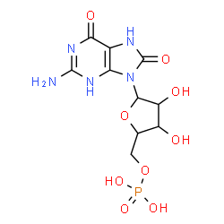ChemSpider 2D Image | 2-Amino-9-(5-O-phosphonopentofuranosyl)-7,9-dihydro-3H-purine-6,8-dione | C10H14N5O9P