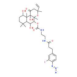 ChemSpider 2D Image | 6,10,10b-Trihydroxy-3,4a,7,7,10a-pentamethyl-1-oxo-3-vinyldodecahydro-1H-benzo[f]chromen-5-yl (2-{[3-(4-azido-3-iodophenyl)propanoyl]amino}ethyl)carbamate | C32H44IN5O8