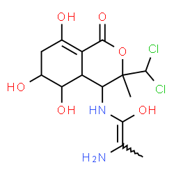 ChemSpider 2D Image | 4-{[(1E)-2-Amino-1-hydroxy-1-propen-1-yl]amino}-3-(dichloromethyl)-5,6,8-trihydroxy-3-methyl-3,4,4a,5,6,7-hexahydro-1H-isochromen-1-one | C14H20Cl2N2O6