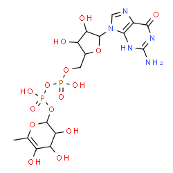 ChemSpider 2D Image | [5-(2-Amino-6-oxo-3,6-dihydro-9H-purin-9-yl)-3,4-dihydroxytetrahydro-2-furanyl]methyl 3,4,5-trihydroxy-6-methyl-3,4-dihydro-2H-pyran-2-yl dihydrogen diphosphate (non-preferred name) | C16H23N5O15P2