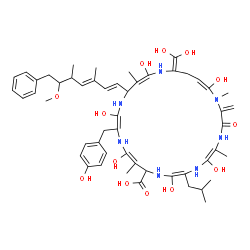 ChemSpider 2D Image | (5E,8E,15E,19E,24E)-22-(Dihydroxymethylene)-6,9,13,16,20,25-hexahydroxy-15-(4-hydroxybenzyl)-8-isobutyl-18-[(1E,3E)-6-methoxy-3,5-dimethyl-7-phenyl-1,3-heptadien-1-yl]-1,5,12,19-tetramethyl-2-methylen
e-3-oxo-1,4,7,10,14,17,21-heptaazacyclopentacosa-5,8,12,15,19,24-hexaene-11-carboxylic acid | C52H71N7O13