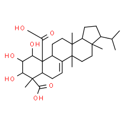 ChemSpider 2D Image | 9,10,11-Trihydroxy-3-isopropyl-3a,5a,8,13a-tetramethyl-1,2,3,3a,4,5,5a,7,7a,8,9,10,11,11b,12,13,13a,13b-octadecahydro-11aH-cyclopenta[a]chrysene-8,11a-dicarboxylic acid | C30H46O7