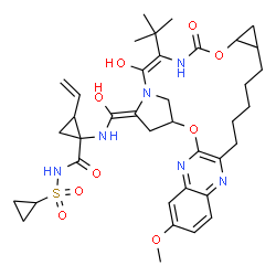 ChemSpider 2D Image | N-(Cyclopropylsulfonyl)-1-({(Z)-hydroxy[(24E)-25-hydroxy-7-methoxy-24-(2-methyl-2-propanyl)-22-oxo-2,21-dioxa-4,11,23,26-tetraazapentacyclo[24.2.1.0~3,12~.0~5,10~.0~18,20~]nonacosa-3(12),4,6,8,10,24-h
exaen-27-ylidene]methyl}amino)-2-vinylcyclopropanecarboxamide | C38H50N6O9S