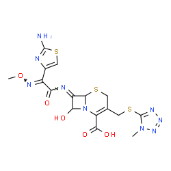 ChemSpider 2D Image | (7E)-7-{[(2E)-2-(2-Amino-1,3-thiazol-4-yl)-2-(methoxyimino)acetyl]imino}-8-hydroxy-3-{[(1-methyl-1H-tetrazol-5-yl)sulfanyl]methyl}-5-thia-1-azabicyclo[4.2.0]oct-2-ene-2-carboxylic acid | C16H17N9O5S3