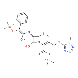 ChemSpider 2D Image | Trimethylsilyl (7E)-8-hydroxy-7-({(Z)-1-hydroxy-2-phenyl-2-[(trimethylsilyl)oxy]vinyl}imino)-3-{[(1-methyl-1H-tetrazol-5-yl)sulfanyl]methyl}-5-thia-1-azabicyclo[4.2.0]oct-2-ene-2-carboxylate | C24H34N6O5S2Si2