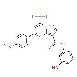 ChemSpider 2D Image | N-(3-Hydroxyphenyl)-5-(4-methoxyphenyl)-7-(trifluoromethyl)pyrazolo[1,5-a]pyrimidine-3-carboxamide | C21H15F3N4O3