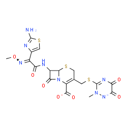 ChemSpider 2D Image | 7-{[(2E)-2-(2-Amino-1,3-thiazol-4-yl)-2-(methoxyimino)acetyl]amino}-3-{[(2-methyl-5,6-dioxo-5,6-dihydro-2H-1,2,4-triazin-1-id-3-yl)sulfanyl]methyl}-8-oxo-5-thia-1-azabicyclo[4.2.0]oct-2-ene-2-carboxyl
ate | C18H16N8O7S3