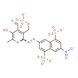 ChemSpider 2D Image | 3-[(E)-{4-Formyl-5-hydroxy-6-methyl-3-[(phosphonatooxy)methyl]-2-pyridinyl}diazenyl]-7-nitro-1,5-naphthalenedisulfonate | C18H11N4O14PS2