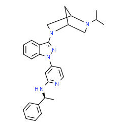 ChemSpider 2D Image | 4-[3-(5-Isopropyl-2,5-diazabicyclo[2.2.1]hept-2-yl)-1H-indazol-1-yl]-N-[(1S)-1-phenylethyl]-2-pyridinamine | C28H32N6