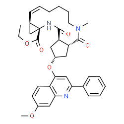 ChemSpider 2D Image | Ethyl (2R,3aR,10Z,11aS,12aR,14aR)-2-[(7-methoxy-2-phenyl-4-quinolinyl)oxy]-5-methyl-4,14-dioxo-2,3,3a,4,5,6,7,8,9,11a,12,13,14,14a-tetradecahydrocyclopenta[c]cyclopropa[g][1,6]diazacyclotetradecine-12
a(1H)-carboxylate | C36H41N3O6