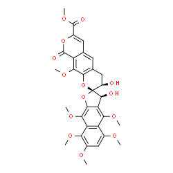 ChemSpider 2D Image | Methyl (2R,3S,3'R)-3,3'-dihydroxy-4,5,7,8,9,10'-hexamethoxy-9'-oxo-4',9'-dihydro-3H,3'H-spiro[naphtho[2,3-b]furan-2,2'-pyrano[4,3-g]chromene]-7'-carboxylate | C31H30O14