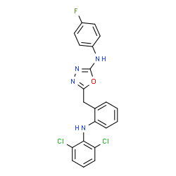 ChemSpider 2D Image | 5-{2-[(2,6-Dichlorophenyl)amino]benzyl}-N-(4-fluorophenyl)-1,3,4-oxadiazol-2-amine | C21H15Cl2FN4O