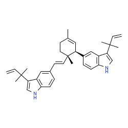 ChemSpider 2D Image | 5-[(E)-2-{(1S,2R)-1,4-Dimethyl-2-[3-(2-methyl-3-buten-2-yl)-1H-indol-5-yl]-3-cyclohexen-1-yl}vinyl]-3-(2-methyl-3-buten-2-yl)-1H-indole | C36H42N2