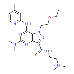 ChemSpider 2D Image | 5-(Dimethylamino)-N-[2-(dimethylamino)ethyl]-1-(2-ethoxyethyl)-7-[(4-methyl-2-pyridinyl)amino]-1H-pyrazolo[4,3-d]pyrimidine-3-carboxamide | C22H33N9O2