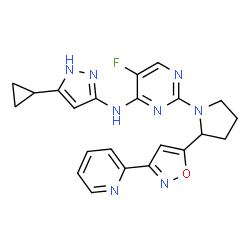 ChemSpider 2D Image | N-(5-Cyclopropyl-1H-pyrazol-3-yl)-5-fluoro-2-{2-[3-(2-pyridinyl)-1,2-oxazol-5-yl]-1-pyrrolidinyl}-4-pyrimidinamine | C22H21FN8O