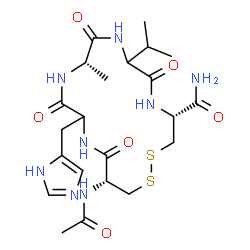 ChemSpider 2D Image | (4R,10S,16R)-16-Acetamido-13-(1H-imidazol-5-ylmethyl)-7-isopropyl-10-methyl-6,9,12,15-tetraoxo-1,2-dithia-5,8,11,14-tetraazacycloheptadecane-4-carboxamide | C22H34N8O6S2