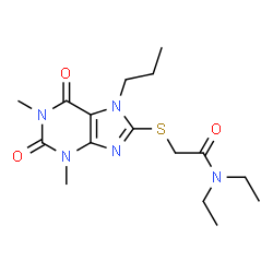 ChemSpider 2D Image | 2-[(1,3-Dimethyl-2,6-dioxo-7-propyl-2,3,6,7-tetrahydro-1H-purin-8-yl)sulfanyl]-N,N-diethylacetamide | C16H25N5O3S
