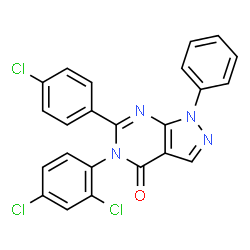 ChemSpider 2D Image | 6-(4-Chlorophenyl)-5-(2,4-dichlorophenyl)-1-phenyl-1,5-dihydro-4H-pyrazolo[3,4-d]pyrimidin-4-one | C23H13Cl3N4O
