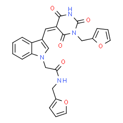 ChemSpider 2D Image | N-(2-Furylmethyl)-2-(3-{(Z)-[1-(2-furylmethyl)-2,4,6-trioxotetrahydro-5(2H)-pyrimidinylidene]methyl}-1H-indol-1-yl)acetamide | C25H20N4O6