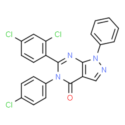 ChemSpider 2D Image | 5-(4-Chlorophenyl)-6-(2,4-dichlorophenyl)-1-phenyl-1,5-dihydro-4H-pyrazolo[3,4-d]pyrimidin-4-one | C23H13Cl3N4O