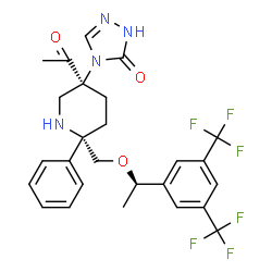 ChemSpider 2D Image | 4-[(3S,6S)-3-Acetyl-6-({(1R)-1-[3,5-bis(trifluoromethyl)phenyl]ethoxy}methyl)-6-phenyl-3-piperidinyl]-2,4-dihydro-3H-1,2,4-triazol-3-one | C26H26F6N4O3