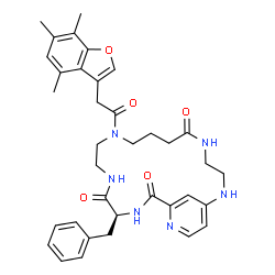 ChemSpider 2D Image | (15S)-15-Benzyl-10-[(4,6,7-trimethyl-1-benzofuran-3-yl)acetyl]-2,5,10,13,16,19-hexaazabicyclo[16.3.1]docosa-1(22),18,20-triene-6,14,17-trione | C36H42N6O5