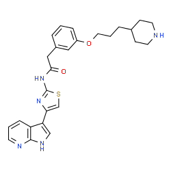 ChemSpider 2D Image | 2-{3-[3-(4-Piperidinyl)propoxy]phenyl}-N-[4-(1H-pyrrolo[2,3-b]pyridin-3-yl)-1,3-thiazol-2-yl]acetamide | C26H29N5O2S