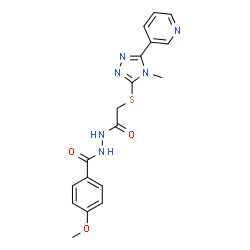 ChemSpider 2D Image | 4-Methoxy-N'-({[4-methyl-5-(3-pyridinyl)-4H-1,2,4-triazol-3-yl]sulfanyl}acetyl)benzohydrazide | C18H18N6O3S