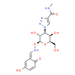 ChemSpider 2D Image | 3-Deoxy-1-O-{[(Z)-(3-hydroxy-6-oxo-2,4-cyclohexadien-1-ylidene)methyl]amino}-3-[4-(methylcarbamoyl)-1H-1,2,3-triazol-1-yl]-beta-D-galactopyranose | C17H21N5O8