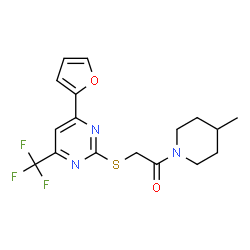ChemSpider 2D Image | 2-{[4-(2-Furyl)-6-(trifluoromethyl)-2-pyrimidinyl]sulfanyl}-1-(4-methyl-1-piperidinyl)ethanone | C17H18F3N3O2S