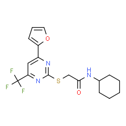 ChemSpider 2D Image | N-Cyclohexyl-2-{[4-(2-furyl)-6-(trifluoromethyl)-2-pyrimidinyl]sulfanyl}acetamide | C17H18F3N3O2S