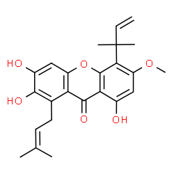ChemSpider 2D Image | 2,3,8-Trihydroxy-6-methoxy-5-(2-methyl-3-buten-2-yl)-1-(3-methyl-2-buten-1-yl)-9H-xanthen-9-one | C24H26O6